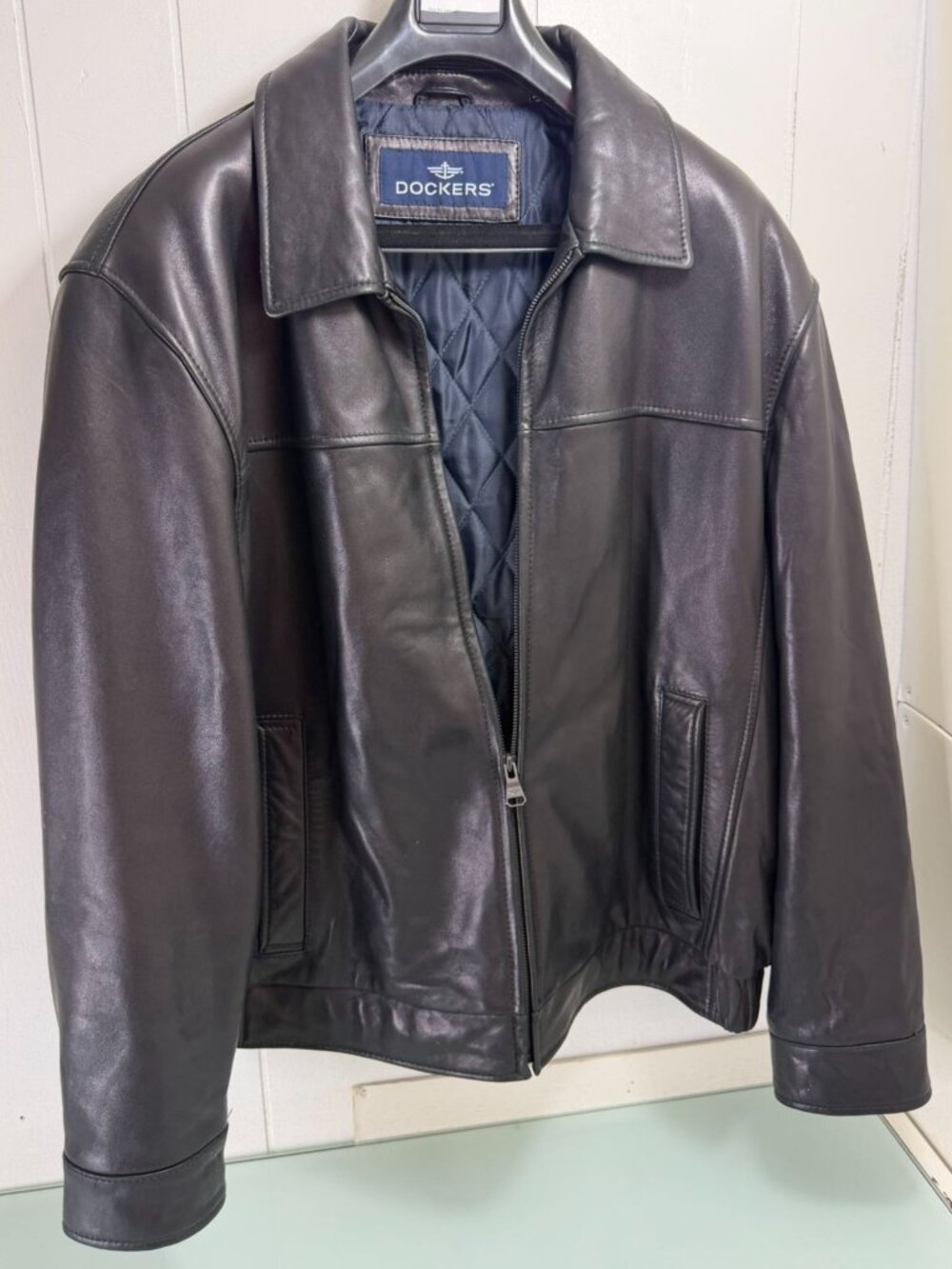 Dockers Genuine 100% Leather Bomber Jacket Mens 2XL Black Full Zip Quilted Lined